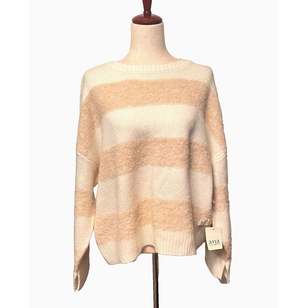 NWT A.N.A. Women’s XL Sweater Fuzzy Wool Blend Striped Pink White Crew Neck Cozy